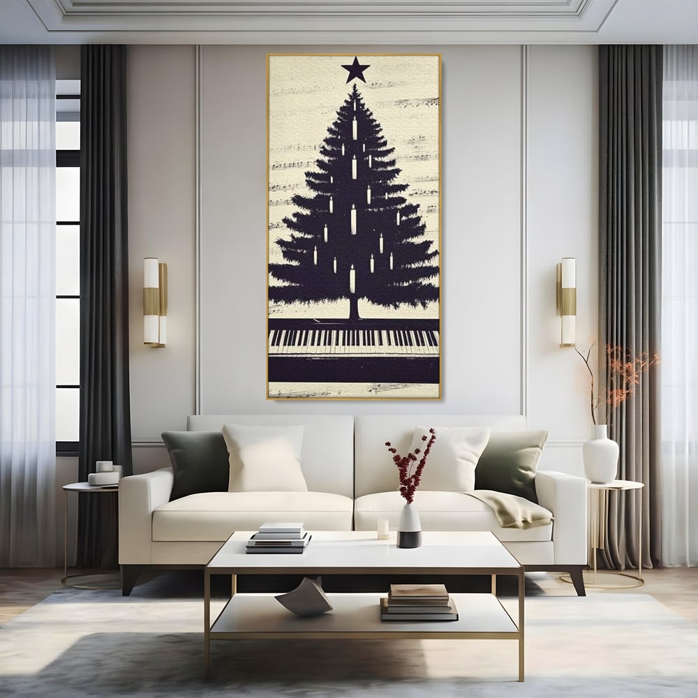 Tablou canvas cu tablou canvas cu brad din clape de pian, in rama de aluminiu auriu, pe perete intr-un living